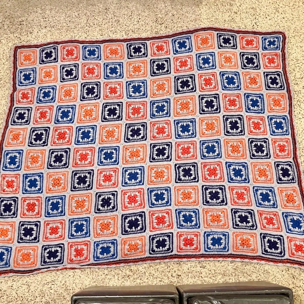 Vintage‎ Handmade Crochet Granny Square Afghan Blanket Orange Grey Blue 55x65